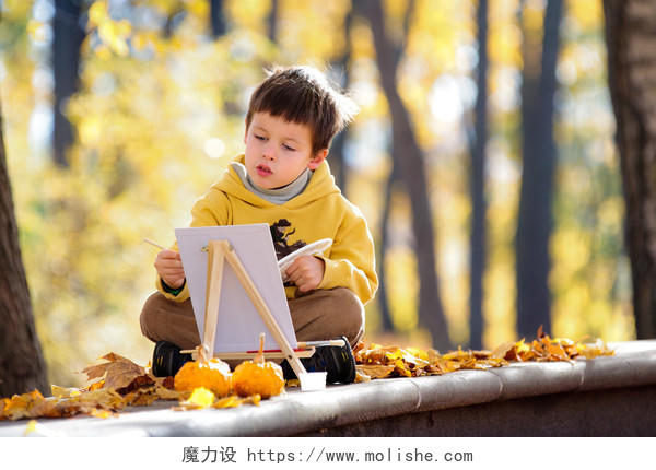 可爱小男孩绘画在金色的秋天公园